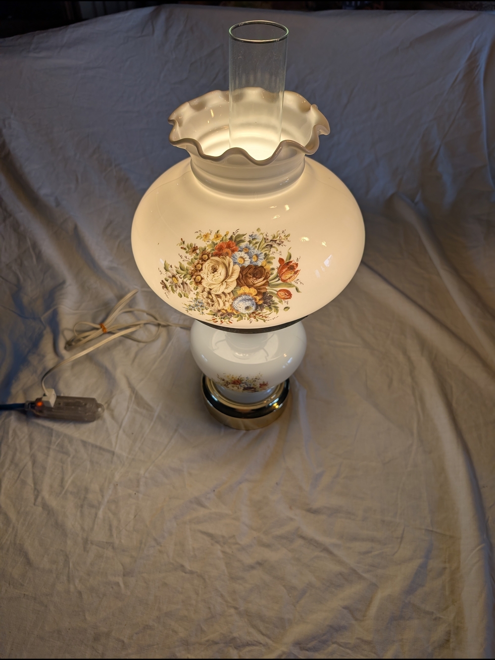 Vintage White Glass Floral Hurricane Lamp with Multicolor Bouquet
